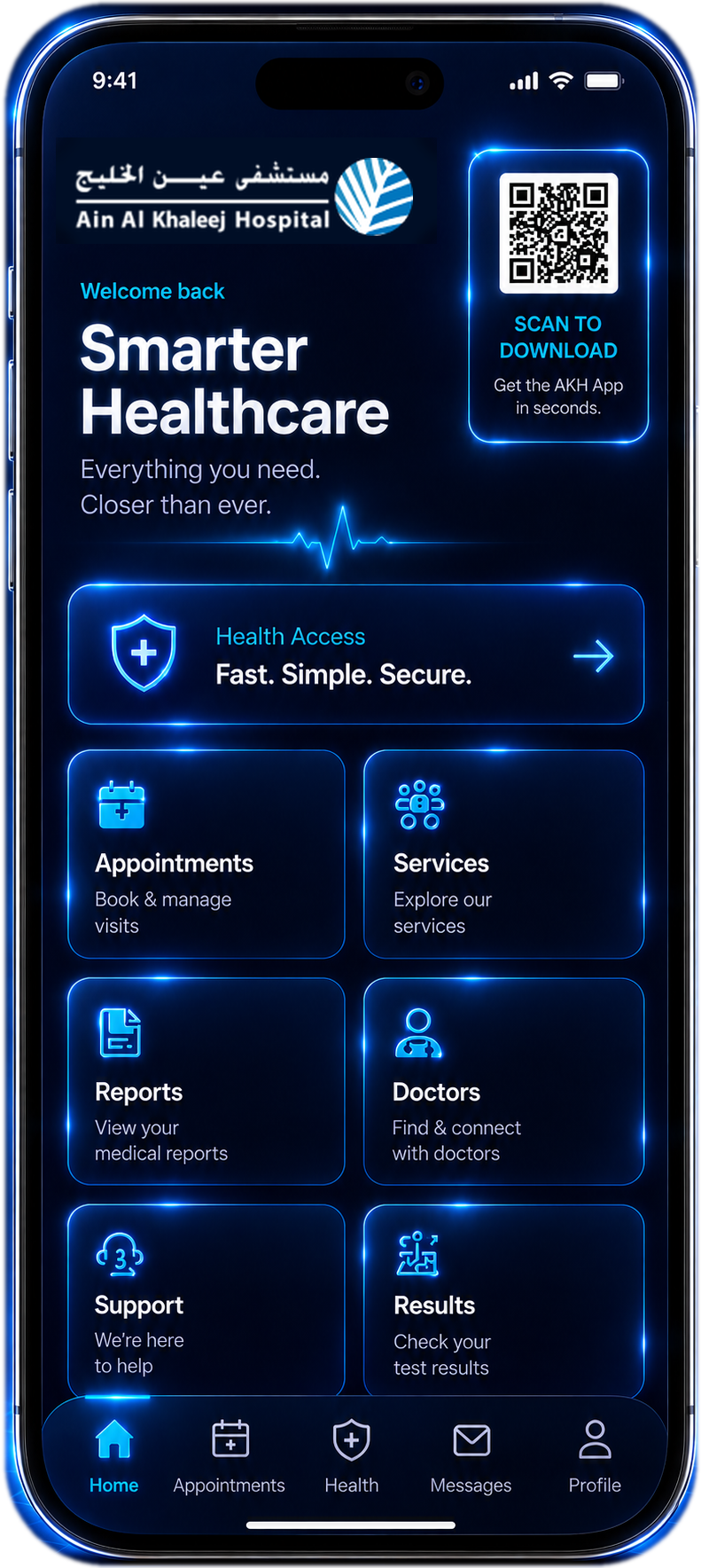Ain Al Khaleej Hospital mobile app on a smartphone